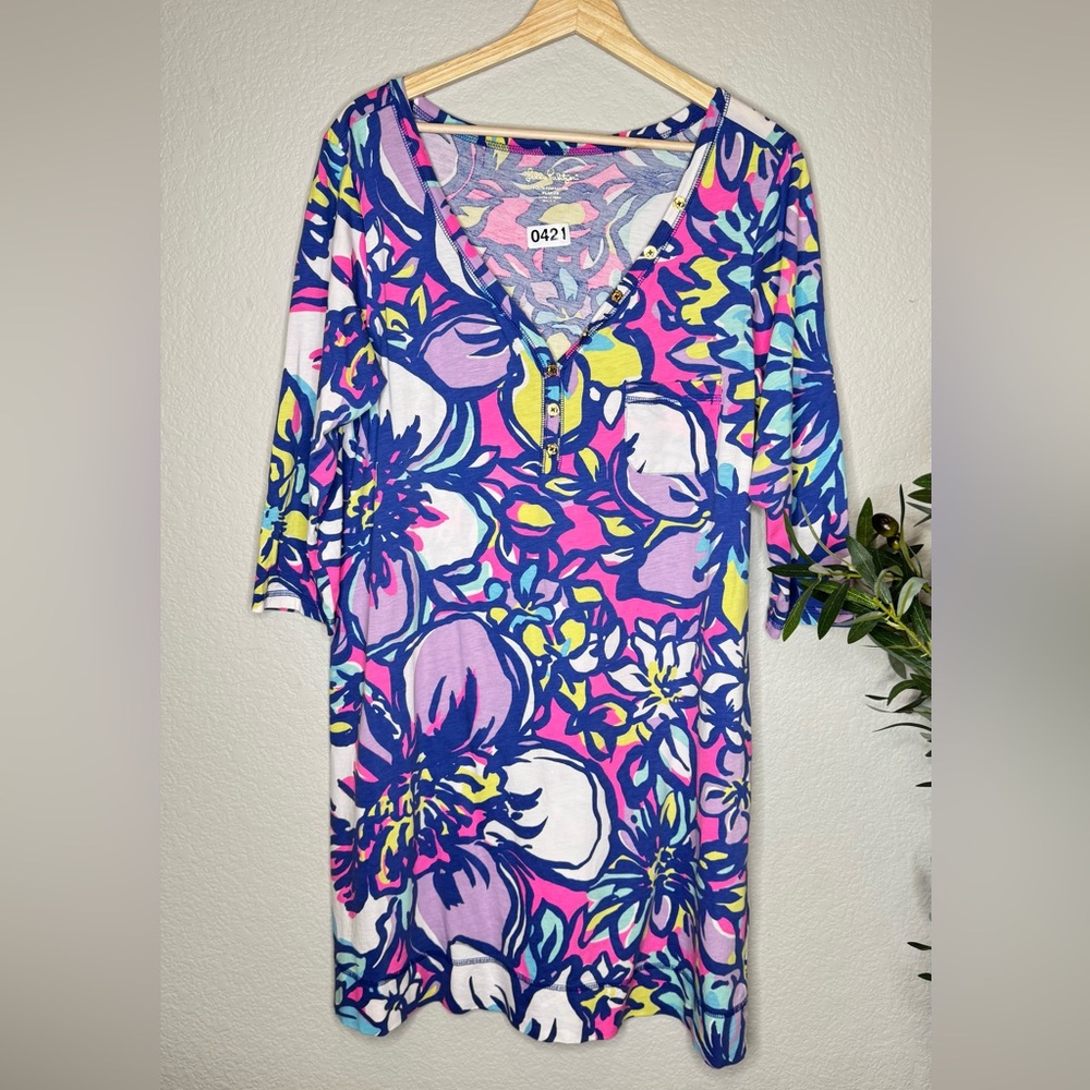 Lilly Pulitzer Floral Tunic Top XL Pink Blue Cotton Henley Resort Beach Cover Up